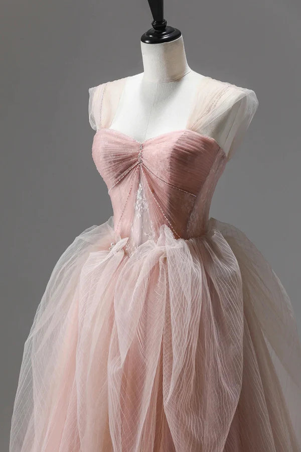Wholesale Pink Tulle Lace Long Formal Dress A-Line Off Shoulder Pink Prom Party Dress
